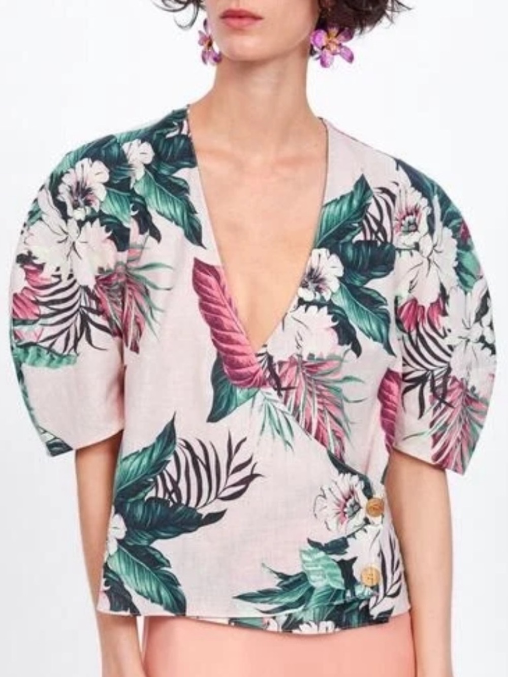 Zara Linen and Cotton Floral Tropical Print Resortwear Wrap Top Shirt Size Small